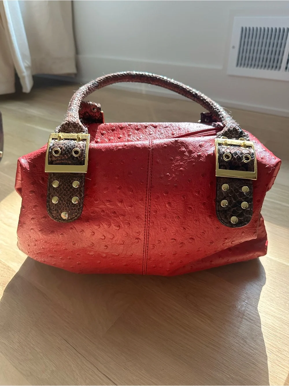 Sharif 1827 Red Ostrich Embossed Leather Satchel Handbag
